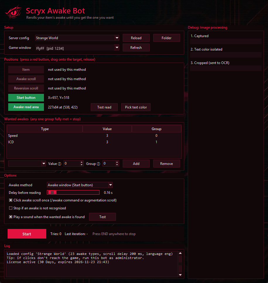 Scryx Awake Bot main window